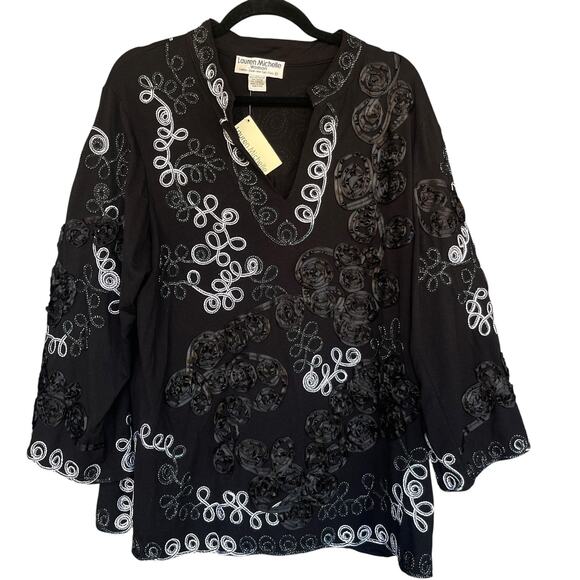 Lauren Michelle Shirt Womens 1X Embroidered Floral Textured Boho Tunic Top - Picture 1 of 7